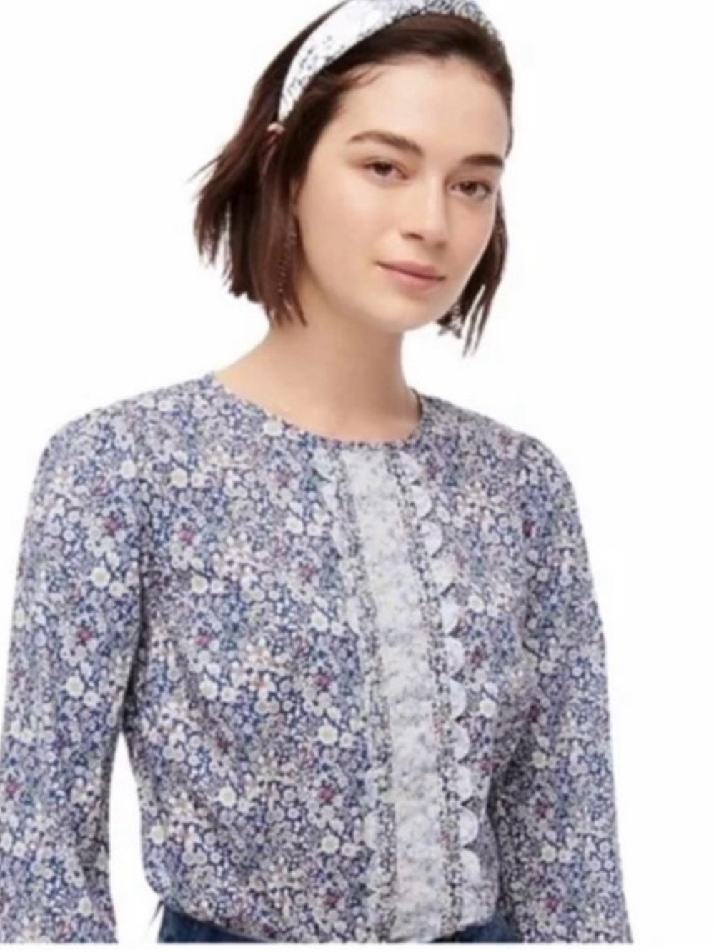 J. Crew Liberty London Women’s Blue Floral Scalloped Cotton Top Sz M